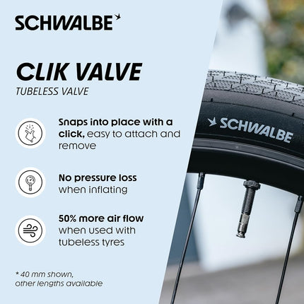 Schwalbe Clik Valve Tubeless Valve Set – 2 x 80 mm Bicycle Valve – Innovation for Easy Tyre Inflation – Tubeless Conversion