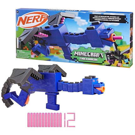 NERF Minecraft Ender Dragon Blaster, Clip interne de 4 fléchettes, 12 fléchettes en mousse Elite, Design inspiré du mob Minecraft du jeu