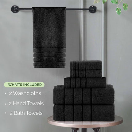 Elegant Comfort 4 Lines Viscose Stripe 6-Piece Premium Towel Set - 100% Turkish Cotton High Absorbent Luxury Bathroom Towels – Includes 2 Washcloths, 2 Hand Towels and 2 Bath Towels Set, Black