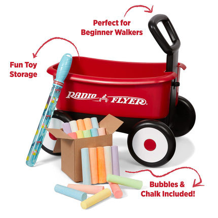 Radio Flyer Push & Pull Walker Wagon with Bubbles and Chalk, Red 2-in-1 Toy Walker Wagon for Toddlers,Wagon for 1-4 Years Old, Bubbles for 3+ Years Old