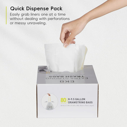 EKO Easy-Dispense Roll 80 Count Extra-Strong Drawstring Tall Kitchen Trash Bag, 8-9.5 Gallon Trash Bag (30.3L-36L) 1 Pack White, Code E