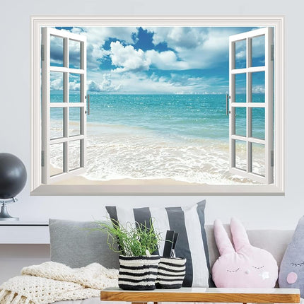 FLFK Fake Window Wall Sticker - Summer Beach Faux Window Wall Mural, Stick and Peel Wall Decals, 48"x32", Set of 2 Sheets