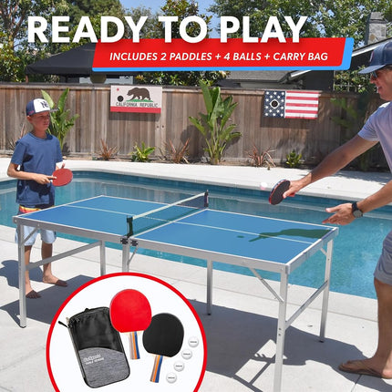 GoSports 6 ft x 3 ft Mid-size Table Tennis Game Set - Indoor/Outdoor Portable Table Tennis Game with Net, 2 Table Tennis Paddles and 4 Balls - Blue