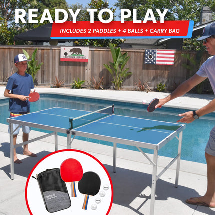 GoSports Juego de tenis de mesa mediano de 1.83 m x 0.91 m - Juego de tenis de mesa portátil para interior/exterior con red, 2 paletas de tenis de mesa y 4 pelotas - Azul