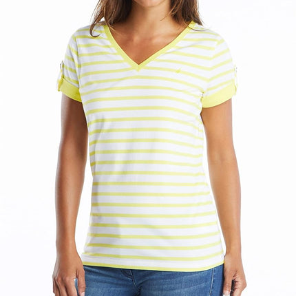 Nautica Women's Easy Comfort V-Neck Striped Supersoft Stretch Cotton T-Shirt, Lemon Twist, Small