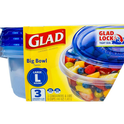 Glad GladWare Big Bowl Food Storage Containers, Large Round Bowl Holds 48 Ounces of Food Food Storage Containers for Everyday Use to Preserve Freshness, 3 Count