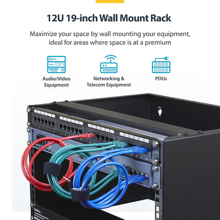 StarTech.com 12U Wall Mount Network Rack - 14 Inch Deep (Low Profile) - 19" Patch Panel Bracket for Shallow Server and IT Equipment, Network Switches - 125lbs/57kg Weight Capacity, Black (WALLMNT12)