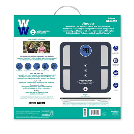 Weight Watchers Scales by Conair BathroomScale for BodyWeight,Glass Digital Scale,Body Analysis Measures Body Fat,Body Water,BMI,Bone Mass&Muscle for 4Users,Measures Weight up to 400Lbs in Black&Blue