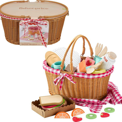 Fisher-Price Wood Pretend Play Toy Picnic Basket, 