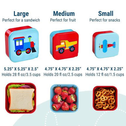 Wildkin Nesting Food Containers for Kids – Stackable, Airtight & Dishwasher Safe - Set of 3 - Trains, Planes & Trucks