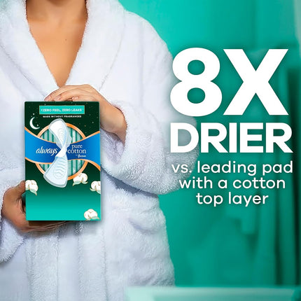 Always Pure Cotton, Feminine Pads For Women, Size 5 Extra Heavy Overnight Absorbency, Multipack, With Flexfoam, With Wings, Unscented, 18 Count x 3 Packs (54 Count total)
