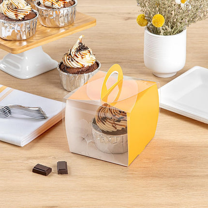 Restaurantware-4 Inch x 4.25 Inch Individual Cupcake Boxes, 100 Disposable Cupcake Display Boxes - with Handle, Leaf Accent, Clear Plastic Single Cupcake Containers, for Weddings Or Birthdays