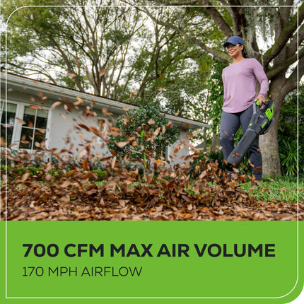 Soplador de hojas sin escobillas Greenworks 60 V 700 CFM, batería de 5.0 Ah y cargador rápido