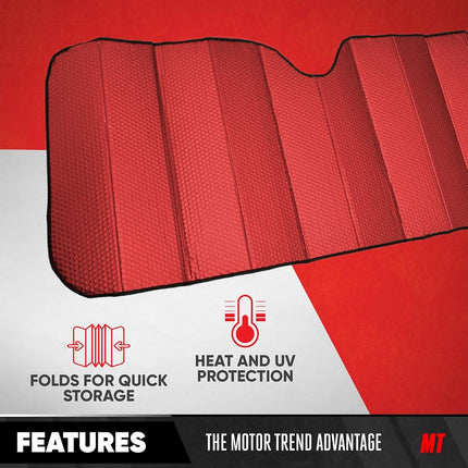 Motor Trend Front Windshield Sunshade - Jumbo Accordion Folding Auto Sunshade for Car Truck SUV 66 x 27 Inch (Red)