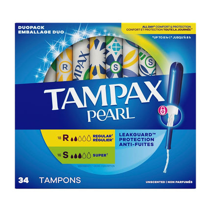 Tampax Tampons with Plastic Applicator, Regular/Super Absorbency Duo Pack, Unscented, 34 Count