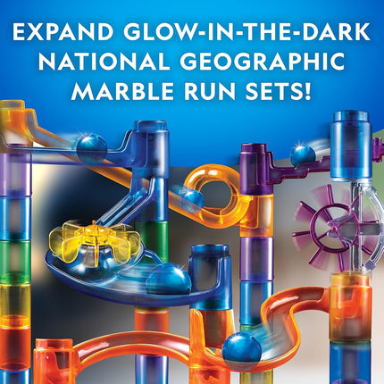 NATIONAL GEOGRAPHIC Marble Run with Motorized Elevator - 95-Piece Marble Maze Kit with Motorized Spiral Lift, 20 Marbles, Storage Bag & More, Perpetual Motion Machine, Marble Game