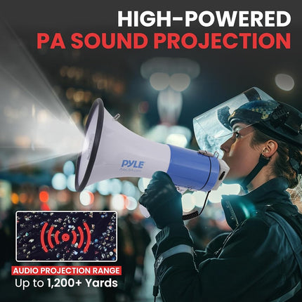 Pyle Portable Compact PA Megaphone Speaker w/LED Flashlight, Alarm Siren, Adjustable Volume, 50W Handheld Lightweight Bullhorn w/Detachable Mic, Battery Powered, for Indoor Outdoor Use (PMP51LT)