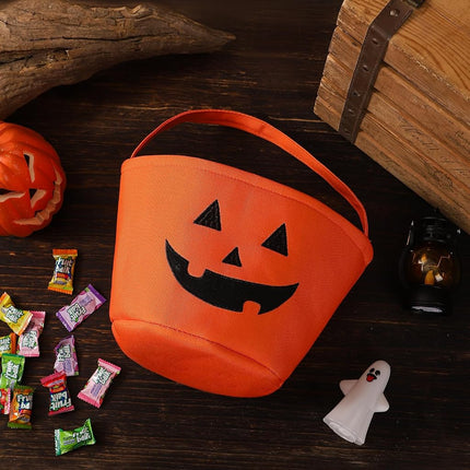 Halloween Bucket Halloween Basket for Kids, Trick or Treat Bags with Embroidery Foldable Halloween Candy Bucket Pumpkin Bucket Basket with Handle for Halloween Party Decorations, (Orange)