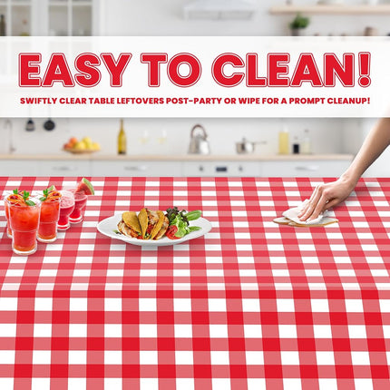 Red Gingham Checkered 12 Pack Premium Disposable Plastic Picnic Tablecloth 54 Inch. x 108 Inch. Rectangle Table Cover By Grandipity