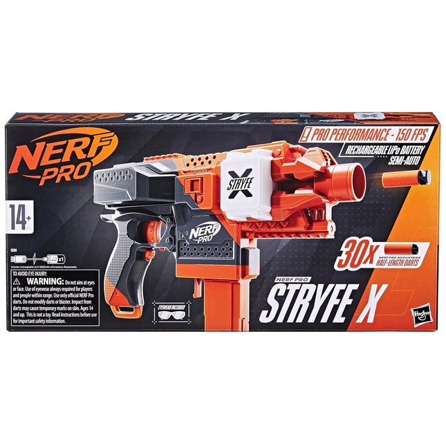 NERF Pro Stryfe X Dart Semi-Auto Blaster, Rechargeable LiPo Battery, 30 AccuStrike Half-Length Darts, 15-Dart Magazine, 150 FPS, Eyewear, 14+ (Amazon Exclusive)