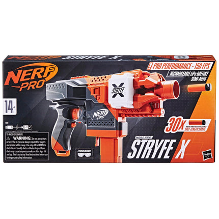 Lanzador semiautomático NERF Pro Stryfe X de dardos, batería recargable LiPo, 30 dardos AccuStrike de media longitud, cargador de 15 dardos, 150 FPS, gafas, 14+ (exclusivo de Amazon)