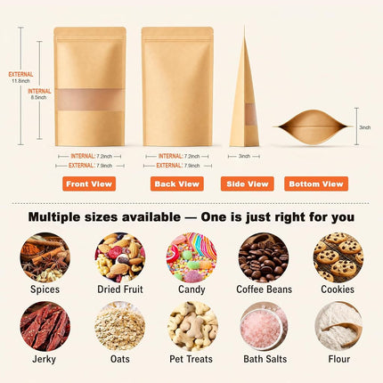 100 Pcs Resealable bags,Stand Up Brown Kraft Paper Bags with Matte Window, Zip Lock Food Storage Bags for Packaging Products, Reusable, Sealable(7.9" x 11.8")