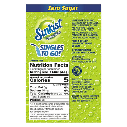 Sunkist Singles-To-Go Drink Mix, Lemon-Lime, Non-Carbonated, Low-Calorie, Zero Sugar, 6 CT in each box (Pack of 6)