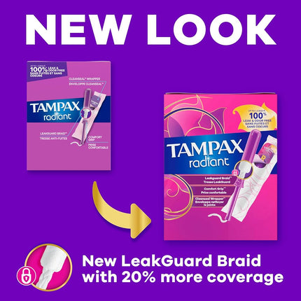Tampax Radiant Super Plastic Tampons, Unscented, 32 Count, Packaging May Vary