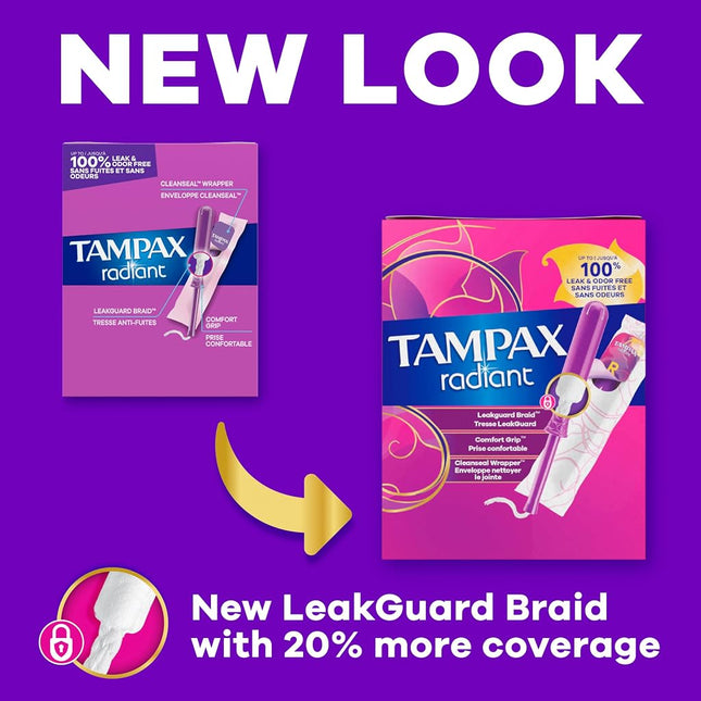 Tampax Radiant Super Plastic Tampons, Unscented, 32 Count, Packaging May Vary