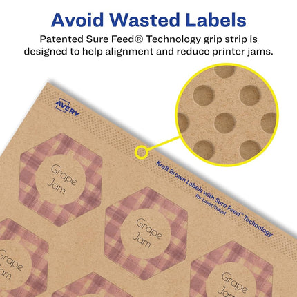 Avery Kraft Brown Hexagon Labels with Sure Feed, 1-1/2" x 1-47/54", 1,000 Kraft Brown Labels, Print-to-The-Edge, Laser/Inkjet Printable Labels