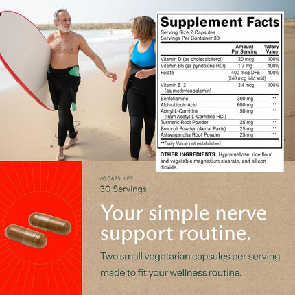 Premium Nerve Support Supplement – with Alpha Lipoic Acid (ALA) 600 mg, Acetyl-L-Carnitine (ALC) & Benfotiamine - Nerve Support Formula for Healthy Circulation, Feet, Hands & Toes - 60 Capsules