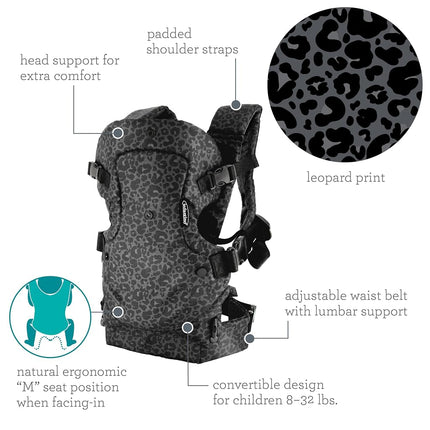 Infantino Flip Advanced 4-in-1 Baby Carrier - Ergonomic, Convertible, Face-in and Face-Out Front and Back Baby Carrier Newborn to Toddler 3.6-14.5 kg, Grey Leopard
