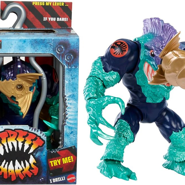 Mattel Street Sharks Slash Action Figure Toy, 90s TV Half-Man Villain, 6-Inch Articulated Nostalgia Toy with Real-Like Skin, Bite & Drill Action