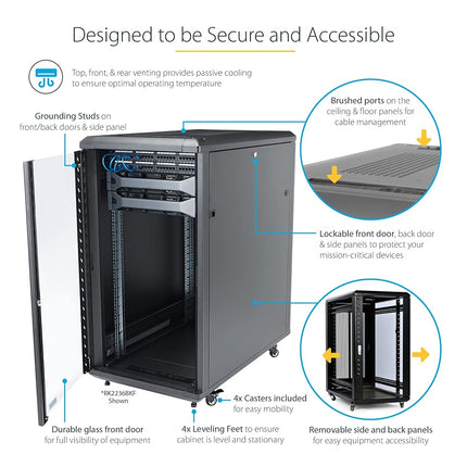 StarTech.com 18U 19" Server Rack Cabinet - 4 Post Adjustable Depth (6-32") Locking Knock Down Network/Computer Equipment Enclosure - Mobile w/Glass Door & Casters - HP ProLiant ThinkServer (RK1836BKF)