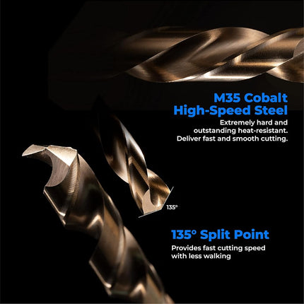 amoolo Cobalt Drill Bit Set (13 pcs), M35 HSS Metal Drill Bits for Steel, Stainless Steel, Metal and Cast Iron,1/16"-1/4"