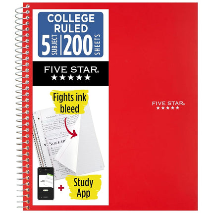 Five Star Spiral Notebook + Study App, 5 Subject, College Ruled Paper, Fights Ink Bleed, Water Resistant Cover, 8-1/2" x 11", 200 Sheets, Red (72077)