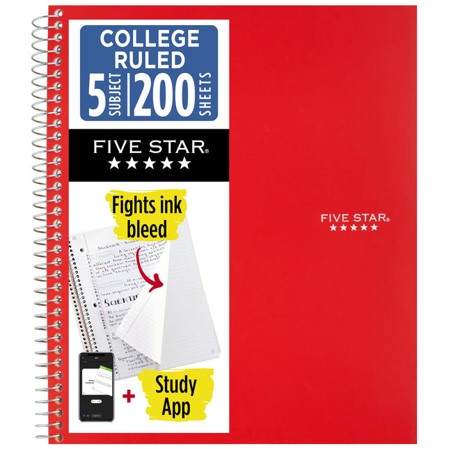 Five Star Spiral Notebook + Study App, 5 Subject, 