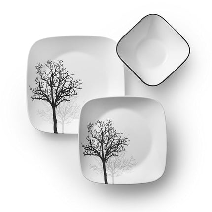 Corelle 18-Piece Dinner Set, Timber Shadows, Black and White for 6, Chip Resistant - Includes Dinner, Salad/Side Plates and Soup/Cereal Bowls
