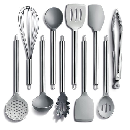 COOK WITH COLOR Silicone Cooking Utensils, 10 Pc Kitchen Utensil Set, Easy to Clean, Nonstick Cookware Safe, Kitchen Gadgets Set (Grey)