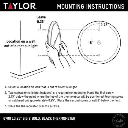 Taylor Precision Products Big and Bold Wall Thermometer, 13.25 inch, Black