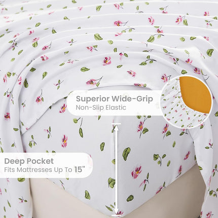 Mooreeke Floral Queen Sheets, Soft Breathable Microfiber Printed Bed Sheet Set, Deep Pocket Non-Slip Fitted Sheet Included, Flower Leaf Pattern