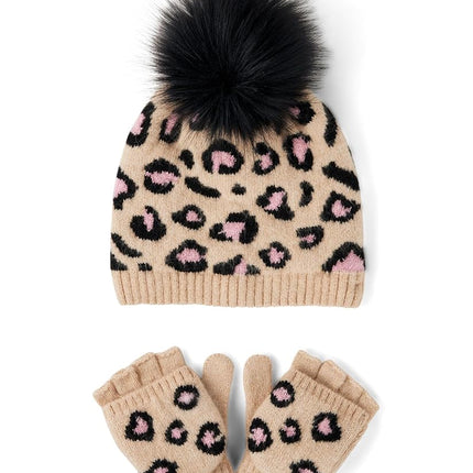 The Children's Place gorro de invierno y manoplas para niña, juego Latte Leopard, 8-12 años