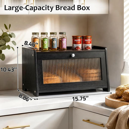 Black Bread Box for Kitchen Countertop with Clear Acrylic View Window