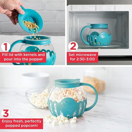 Ecolution Patented Micro-Pop Microwave Popcorn Popper, Temperature Safe Borosilicate Glass, Teal
