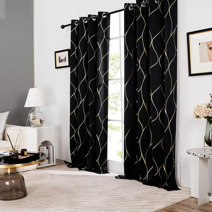 Deconovo Cortinas Opacas con Aislamiento Térmico y Estampado de Ondas Doradas para Oscurecer Habitaciones, Paneles Eficientes Energéticamente, Cortinas con Ojales para Puertas Corredizas de Vidrio, 52W x 96L Pulgadas, 2 Paneles, Negro