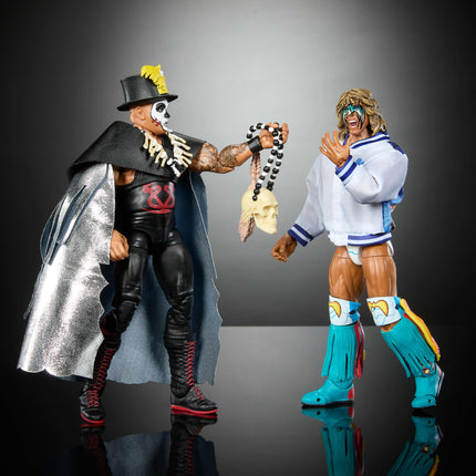 Mattel WWE Ultimate Edition Paquete de 2 figuras de acción, set coleccionable Greatest Grudges '92 con superestrellas de 6 pulgadas Ultimate Warrior y Papa Shango y accesorios