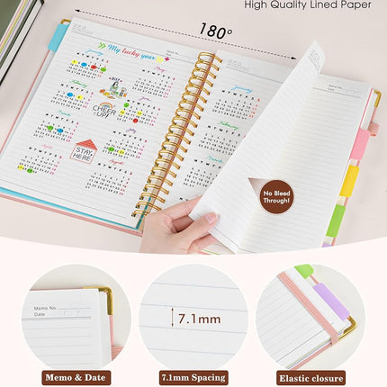 Hardcover Large Spiral Notebook 8.5" x 11" with Removable Dividers Tabs, 300 pages Leather 5 Subject Notebook College Ruled, A4 Journal for Women Men, Notebooks for Work School Note taking, Pink