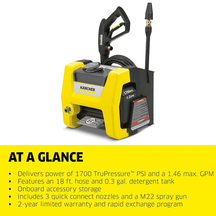 Kärcher Pressure Washer, Detergent Tank, Start/Stop Foot Switch, Onboard Storage Container, 3 Spray Nozzles, 1.46 GPM Max - for Cars, Decks, Patios, Driveways and Siding - K1700 Cube