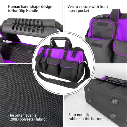 Yongzhenlite Garden Tools Bag 16inch Wide Mouth Women Man's Tool Bag with Molded Base and Plastic-Padded, Inside Pockets for Tool Storage,600D polyester fabric (Purple color)