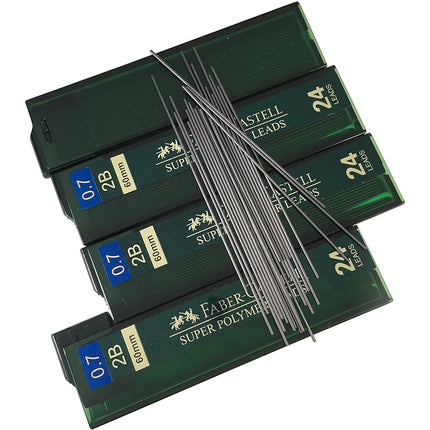 Faber-Castell 0.7mm 2B Super Polymer Premium Strong Dark Smooth Leads Mechanical Pencil Lead Refills For All 0.7 mm Mechanical Pencils (4 Tubes, 24 Leads Per Tube - Total 96 leads)